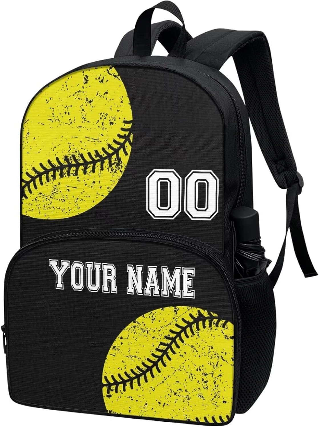 Howilath Customized with Name Elementary Student Back to School Backpack Lightweighnt Balck Yellow Softball Print Girls Boys Teen Laptop Bookbags