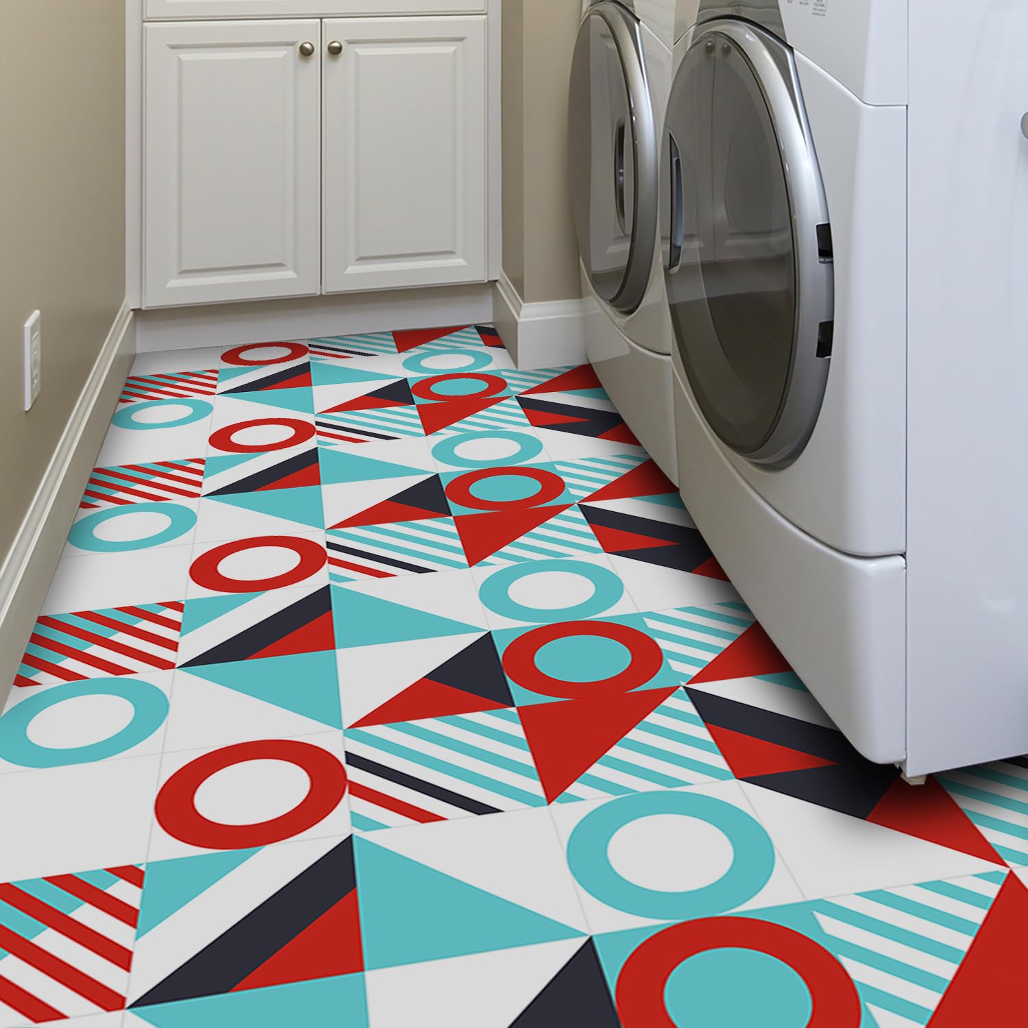 Alwayspon Peel and Stick Floor Tiles, 20cm/8inchx12Sheet Waterproof Removable Non-Slip Vinyl Plank Flooring Tile for Bathroom Kitchen Bedroom, Renter Friendly Floor Decor DIY, Blue Red Black