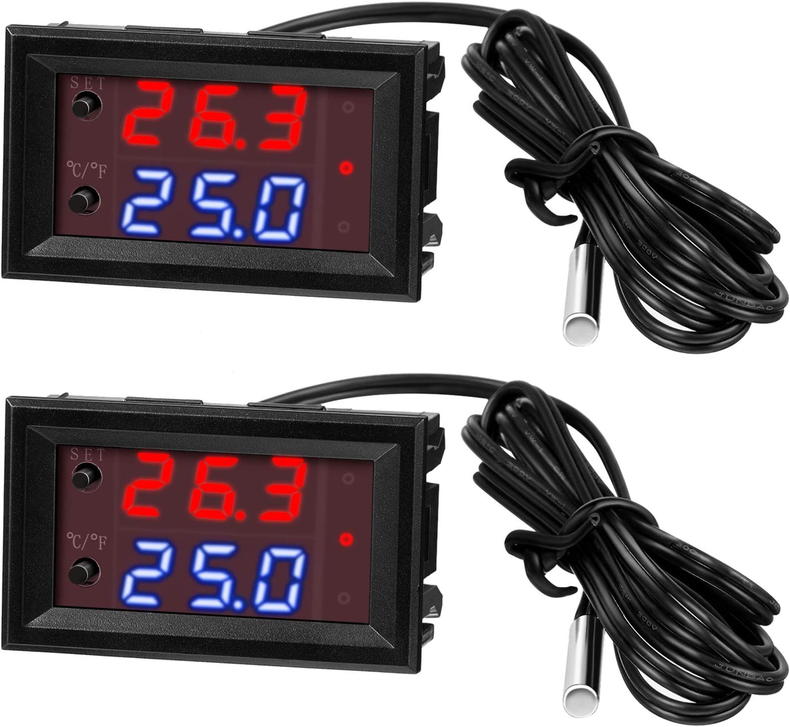 2 Pieces 12V Electronic Temperature Controller Programmable -50 to 110 Degree Celsius Heating/Cooling Thermostat Control Switch Module Ntc Waterproof Sensor Probe Dual Color LED Display Monitor