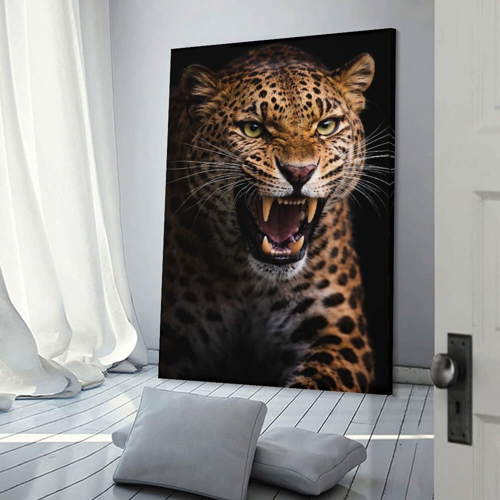 Junmoney Frame-Style-10 Leopard Roaring With Bared Teeth Room Decor Wall Art, 16X24inch(40X60cm), For Hallway, Lounge Or Guest Room, Gift Idea For Housewarming And Birthdays