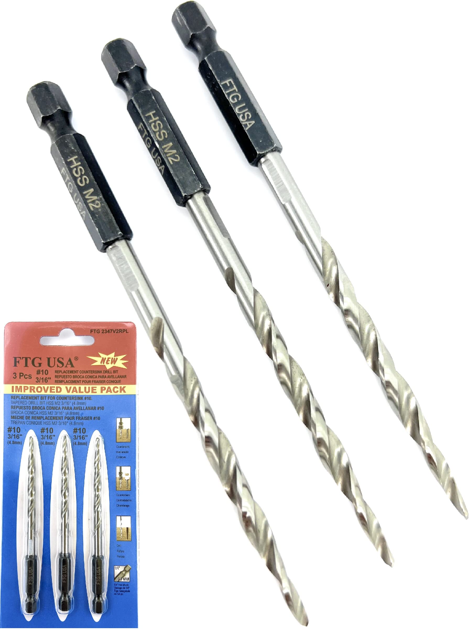 FTG USA Tapered Countersink Drill Bit Set 3 Pc #10 (3/16") Tapered Drill Bit Replacement, Countersink Bit Same Size for Wood Countersink Drill Bits