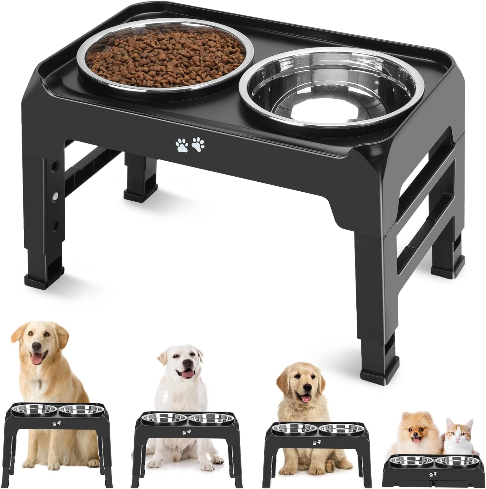 Elevated Dog Bowls, 4 Height Adjustable Raised Bowl Stand with 2 Thick 50oz Stainless Steel Food Bowls Non-Slip Feeder Adjusts to 3.7'', 9.2'', 10.75'', 12.36'' Black, (DB-W01)