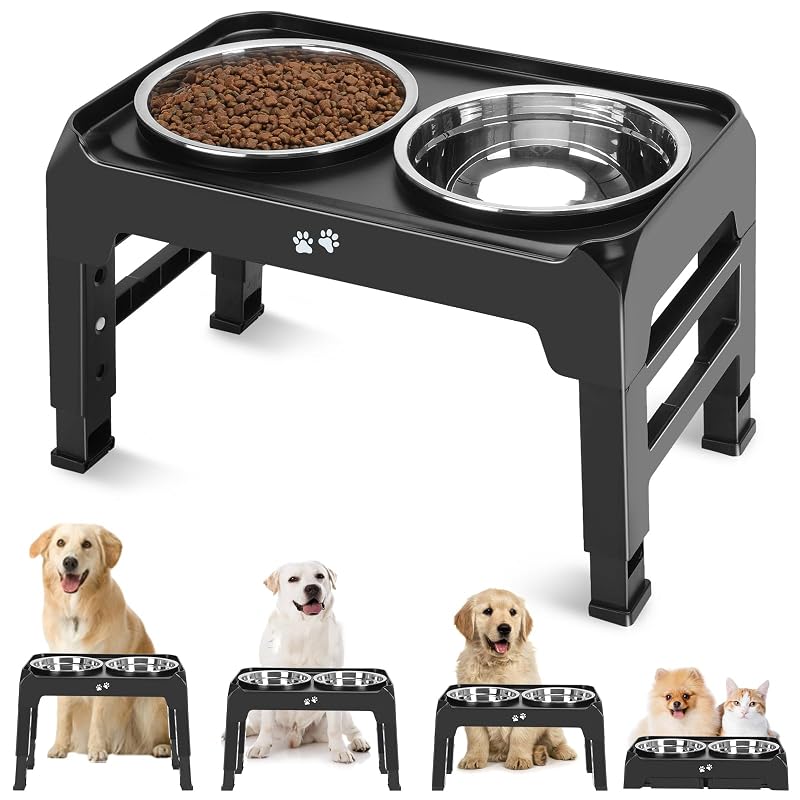 Comedouro elevado ajustável para cães COMESOON DB-W01 com 2 tigelas de aço inoxidável, Black, 1,5 L cada, 20,3 cm