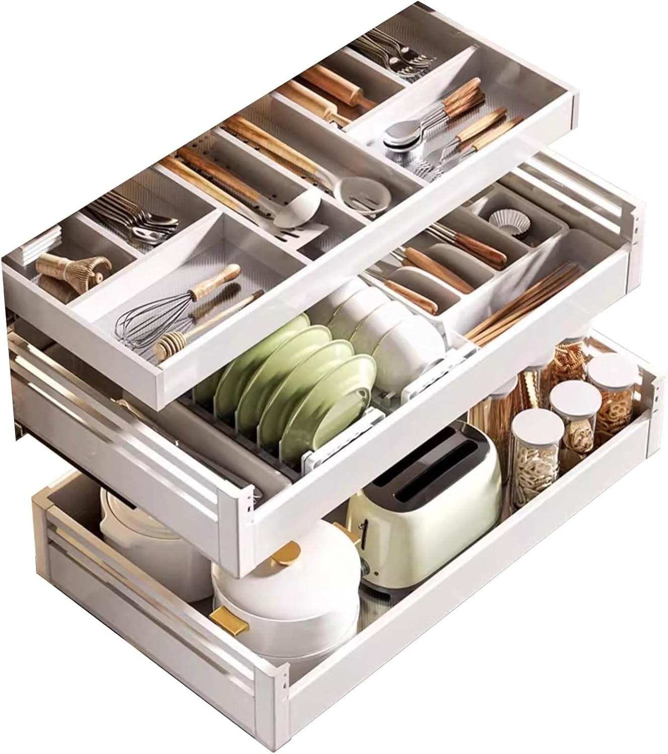 3 Tier Multi-Purpose Kitchen Under Sink Organizers and Storage, Stackable Pantry Organization, Pull Out Medicine Cabinet Organizer with Adjustable Dish Rack, White