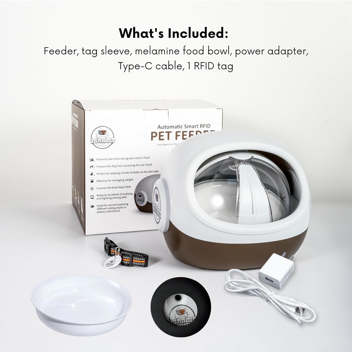 Contents of the FurBabyFeeder Sphere package, including the feeder, bowl, cable, and RFID tag.