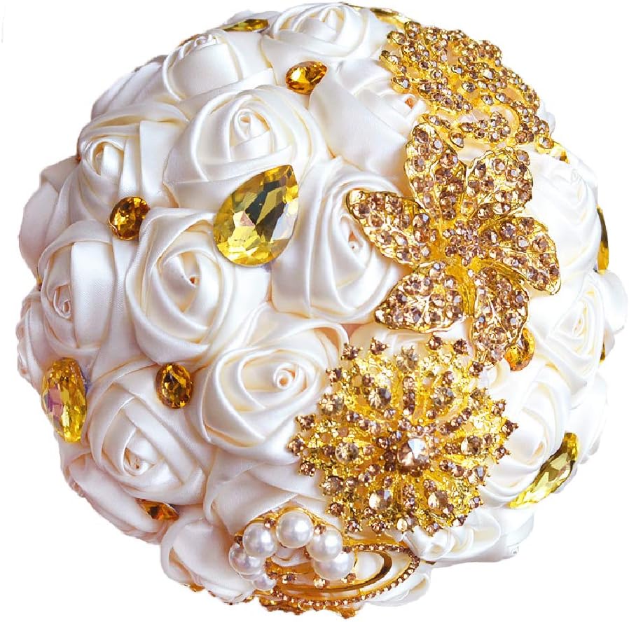 Abbie Home Advanced Customization Romantic Bride Wedding Holding Toss Bouquet Creamy White Rose Brooch with Pearls and Rhinestone Decorative brooches Accessories-Multi Color (336WG)