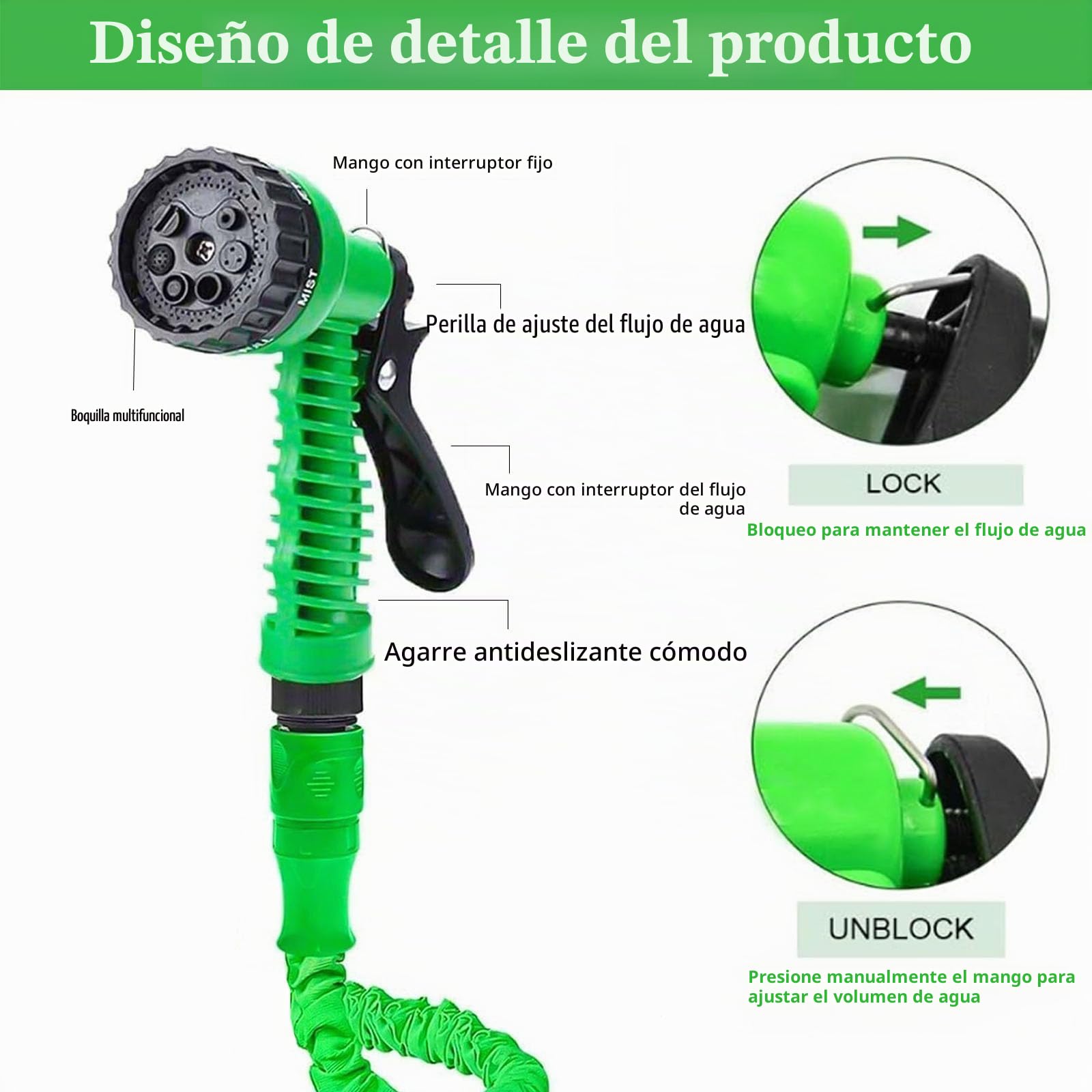 15 M Manguera de jardín flexible para riego, Manguera de agua flexible con 7 funciones de aspersión y adaptadores rápidos, Manguera de jardín extensible para riego de jardín, mascotas, lavado de autos