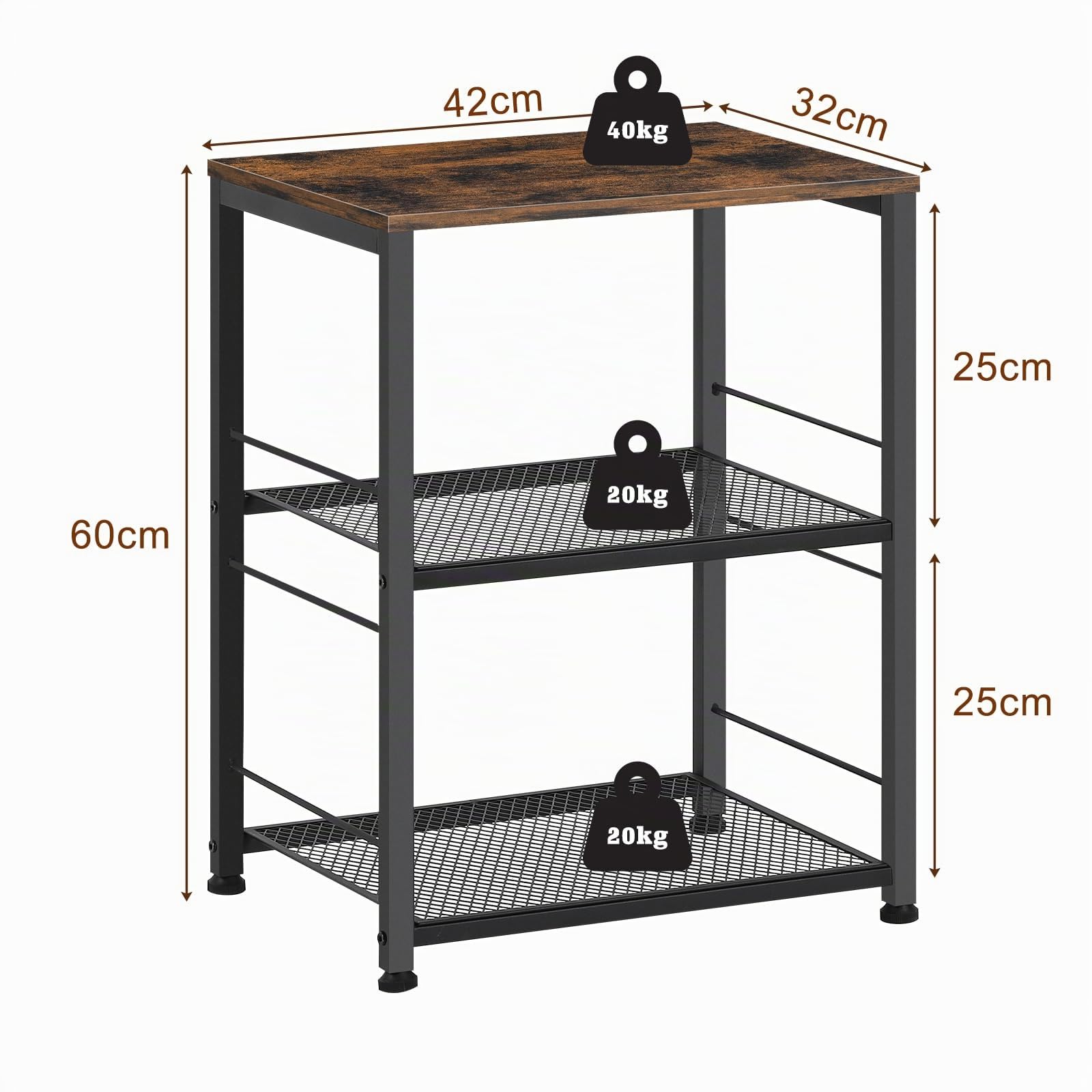 Nandae Carrello Cucina con rack di stoccaggio a 3 piani, Carrello di Servizio con ruote, ripiano in legno e telaio in metallo per Cucina e Soggiorno