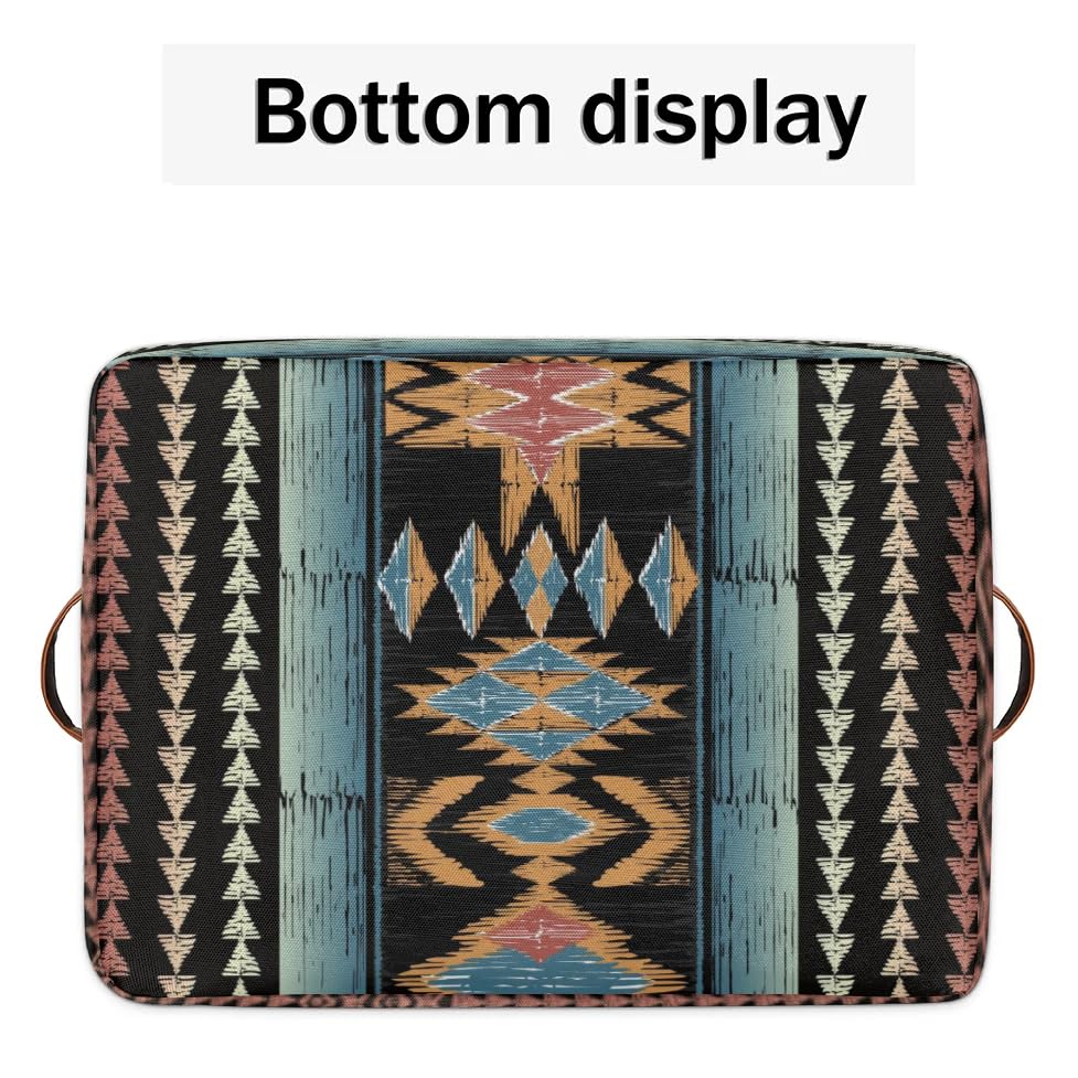 Image of Boho Style Brown Ethnic Painted Square Storage Basket, Fabric Storage Bin with Leather Handles Aztec Pattern Collapsible Storage Bin Nursery Hamper for Organizing Toys, Clothes, Books, Gift Baskets