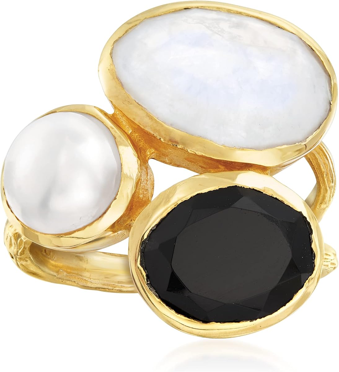 Ross-Simons Onyx, Moonstone and 8mm Cultured Pearl Ring in 18kt Gold Over Sterling