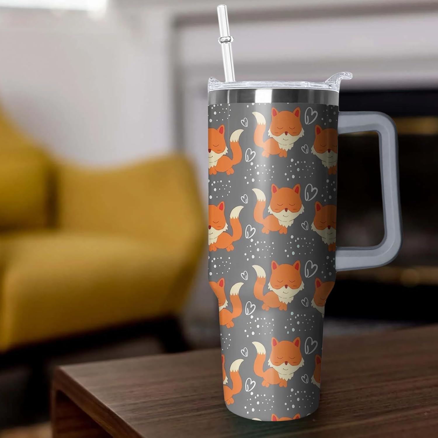 40 oz Fox Tumbler with Handle and Straw, Insulated Stainless Steel Cup with Lid, Travel Coffee Mug Water Bottle, Animal Lovers Women Gifts - Image 5