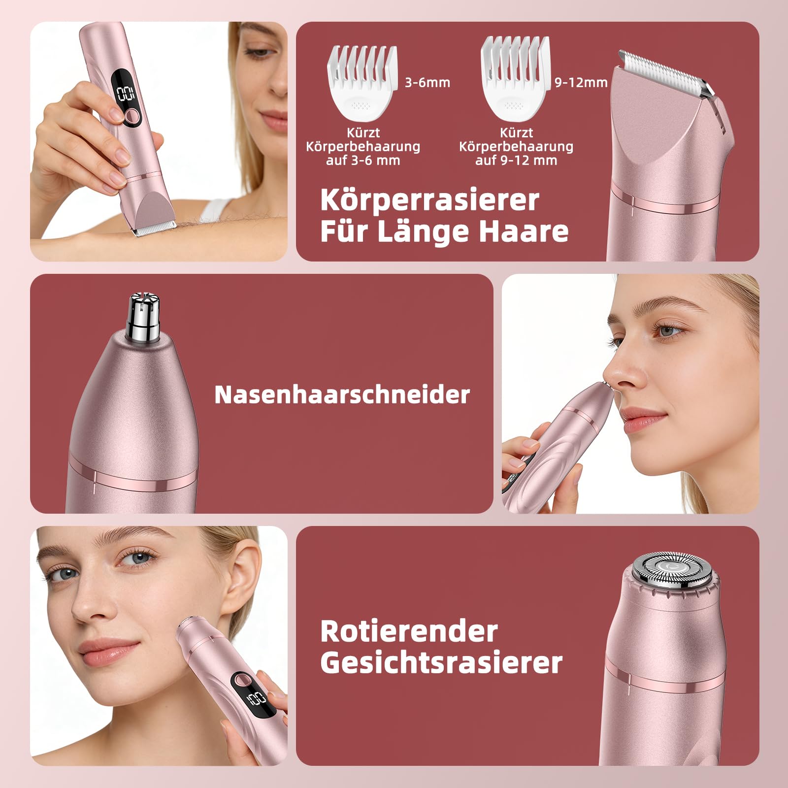 Rasierer Damen 3-in-1 Damenrasierer Elektrisch für Körper Scham und Nasenhaartrimmer für Frauen Nass- und Trockengebrauch Wiederaufladbarer Trimmer DEKS01