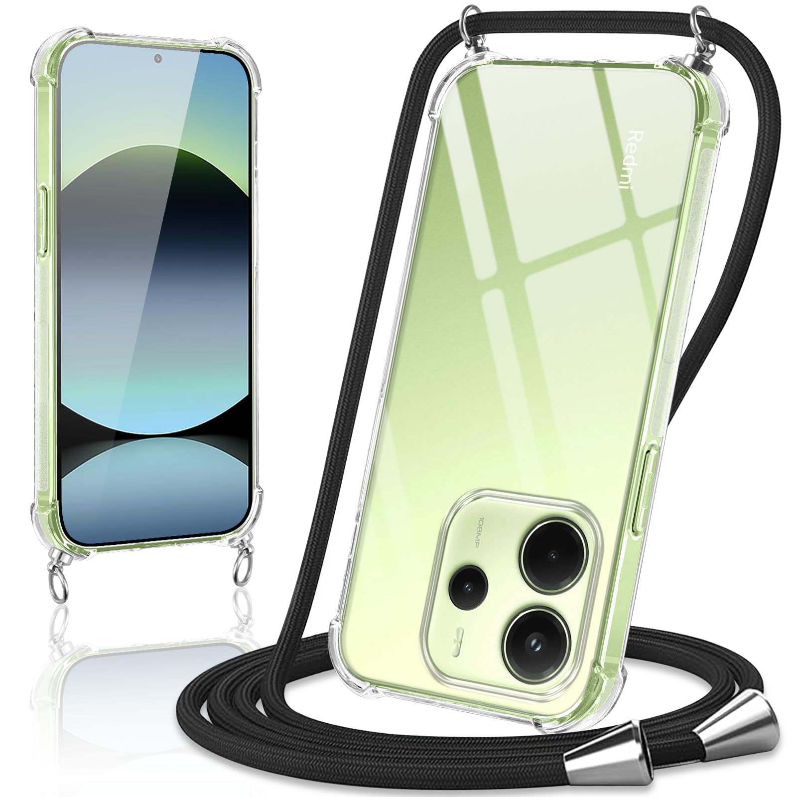 Coiwxmoi Cover per Xiaomi Redmi Note 14 4G con Cordino 6,67,Trasparente Custodia con Laccio Tracolla Corda Catena Cinghia,Ultra Morbido Silicone TPU Antiurto Case per Xiaomi Redmi Note 14 4G, Nero