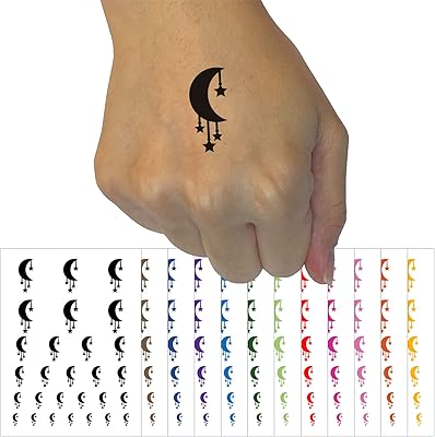 Moon with Hanging Stars Temporary Tattoo Water Resistant Fake Body Art Set Collection - Orange (One Sheet)