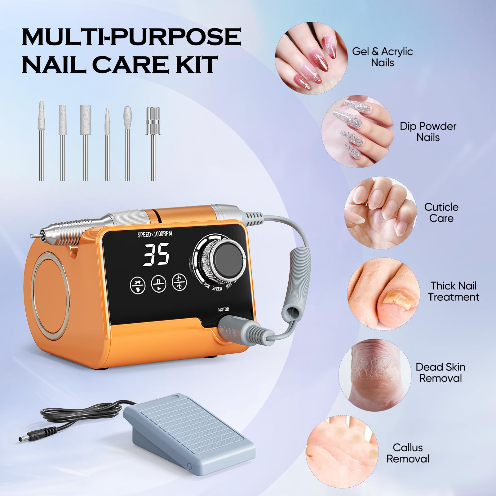 Professionelle Elektrische Nagelfräser, 35000 U/Min Maniküre Pediküre Set mit 6 Fräser, LED Display für Gelnägel und Acrylnägel, für den Heimgebrauch und Nagelstudios (Orange)