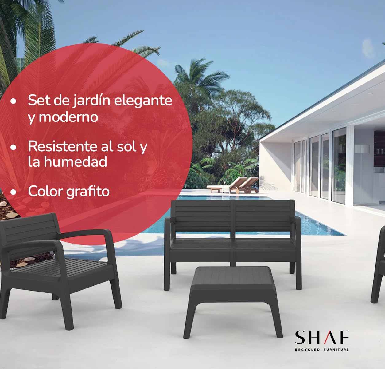Shaf SP Berner - Set de Muebles de Jardín y Terraza Miami Color Grafito - Sofá 2 Plazas, 2 Sillones y Mesa de Centro - Fabricado en España con Plástico Reciclado