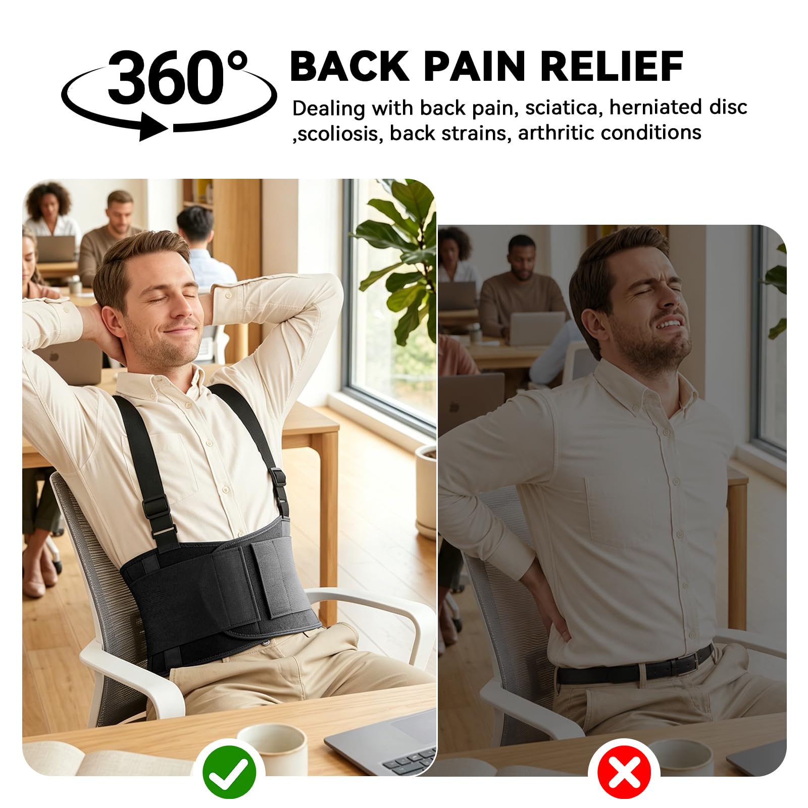 Soporte de espalda ajustable para hombres y mujeres, cinturón de apoyo ajustable para la espalda baja con tirantes para aliviar el dolor de espalda, mudanzas, construcción, almacén, seguridad