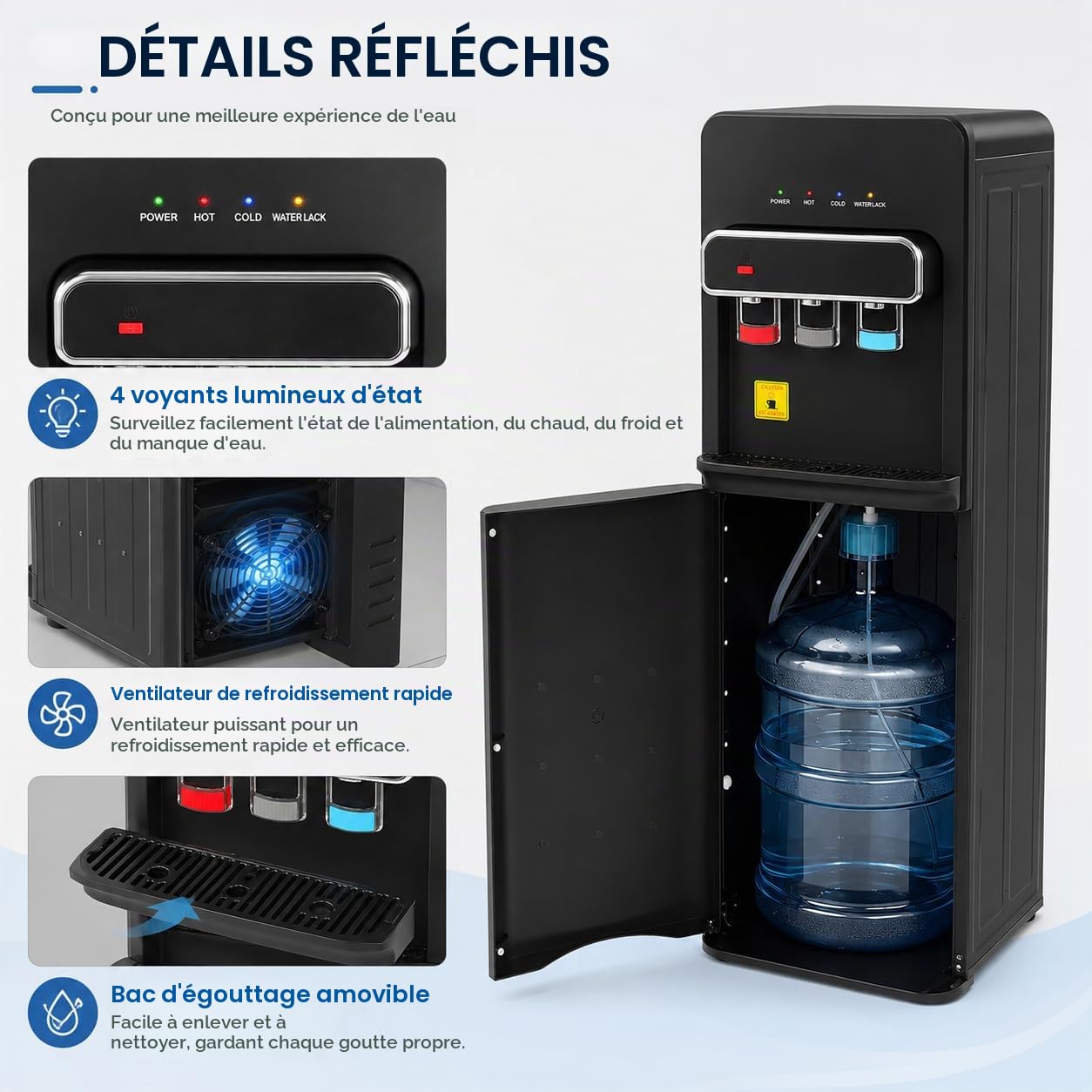 550W Distributeur d'eau Chargement par Le Bas Vertical Fontaine Eau Fraiche Refroidisseurs Et Fontaines à Eau,3 Types De Température Distributeur d'eau Chaude Et Froide,pour Maison, Bureau (Noir)