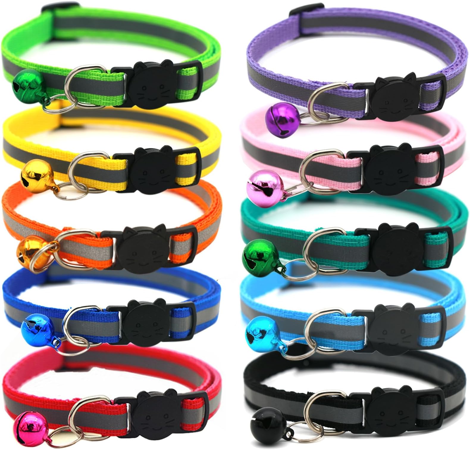 ORiTi 10 Pack Cat Collars with Bell and Reflective Nylon Strip, Cat Collar with Breakaway Safety Release Buckle for Cat and Kitten