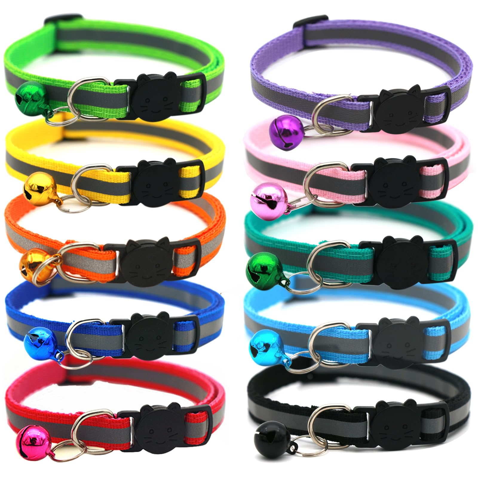 ORiTi 10 Pack Cat Collars with Bell and Reflective Nylon Strip, Cat Collar with Breakaway Safety Release Buckle for Cat and Kitten