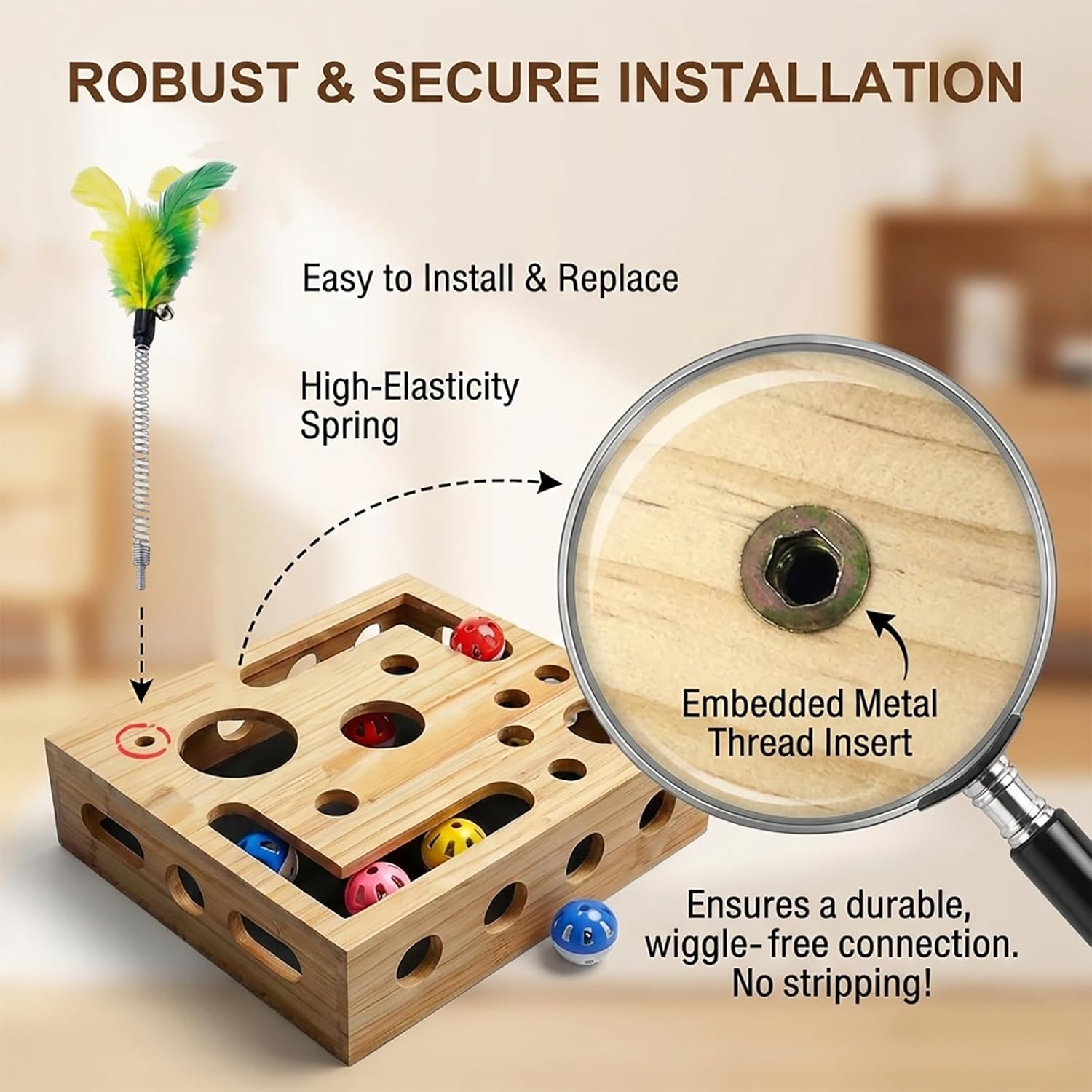 Cat Nail File Scratch Enrichment Box,Solid Pine Wood Puzzle Toy with Widened Safety Holes,Stress Free Alternative to Clippers&Grinders,Interactive Maze for Indoor Cats,Sandpaper, 3 bells,feather stick