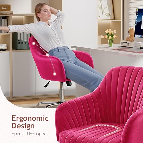 Miniatura 3 de Warmiehomy Silla de escritorio de terciopelo para oficina en casa, moderna silla giratoria ajustable, sillas de tocador para mujer con reposabrazos