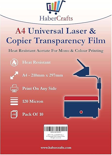 Universal Laser Transparency Film A4 Clear OHP Sheets Laser Printer Acetate Film Overhead Projector Film Tracing Graphic Design Transparency Paper Printable Sheets Fast Dry 120 Micron (10 Sheets)