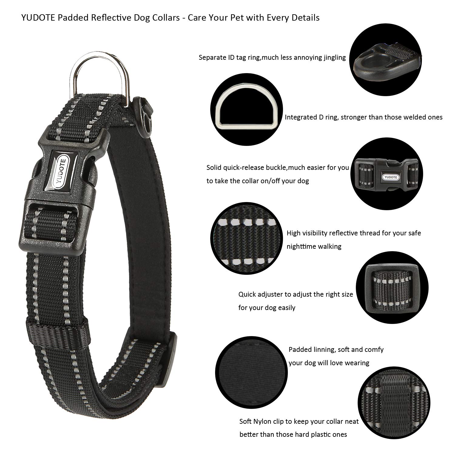 YUDOTE Collare per cani medio e resistente tessuto in nylon riflettente con fodera imbottita in neoprene morbido e confortevole per cani di medio Uso quotidiano,Nero