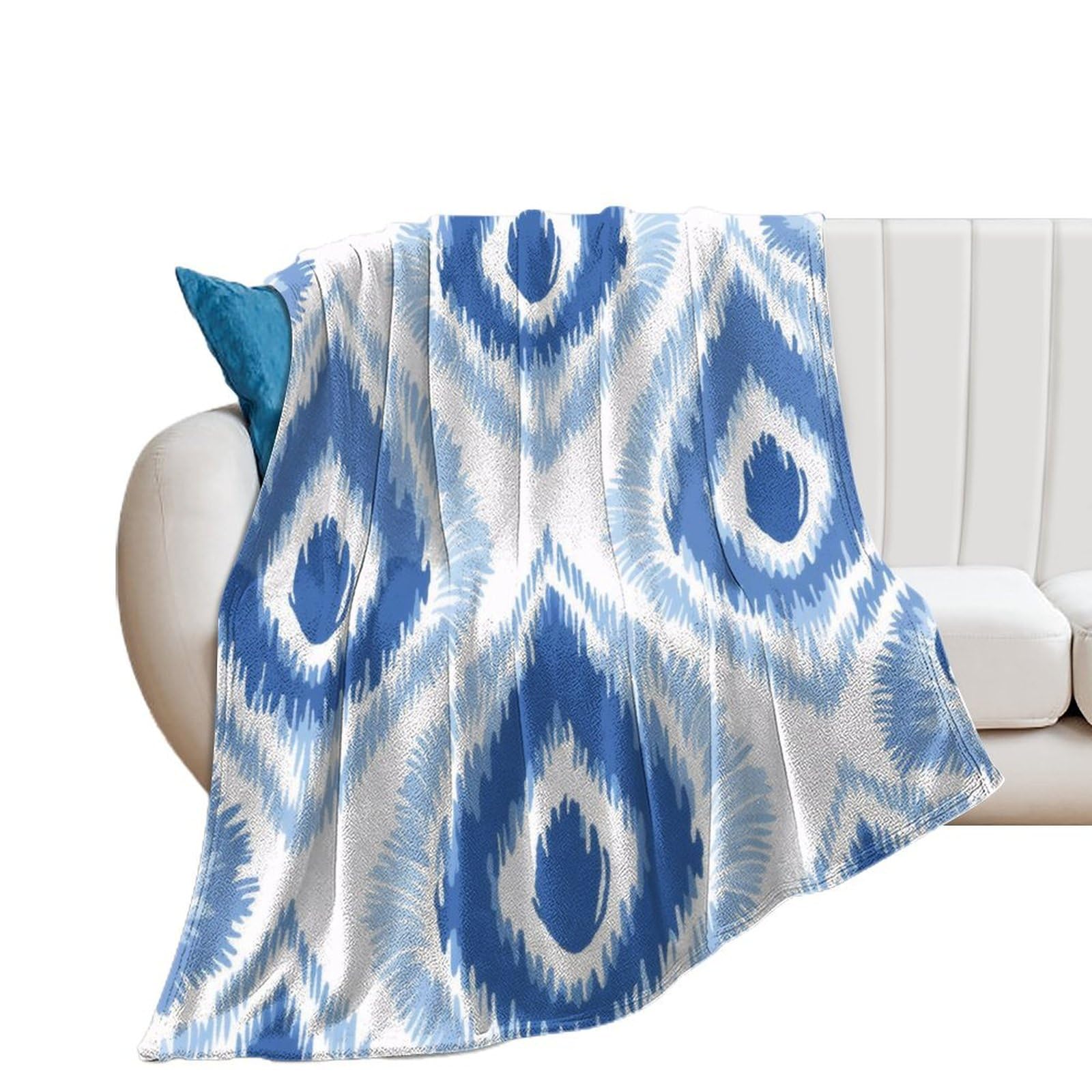 30x40in Flannel Fleece Throw Blanket for Couch Office Bed Abstract Geometric Ethnic Oriental Ikat Blue Lightweight Plush Fuzzy Cozy Soft Blankets And Throws for Kids Students Girls All Season Use