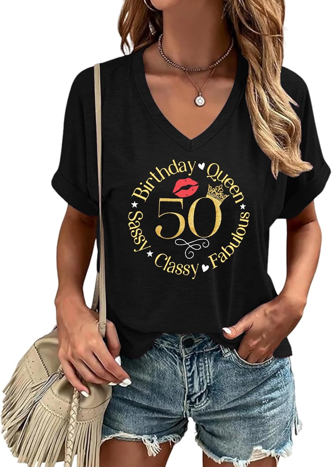 Chulianyouhuo Vintage 1976 T Shirts for Women 50th Birthday Gifts Letter Print Retro Party Tops Casual V Neck Tee Tshirts
