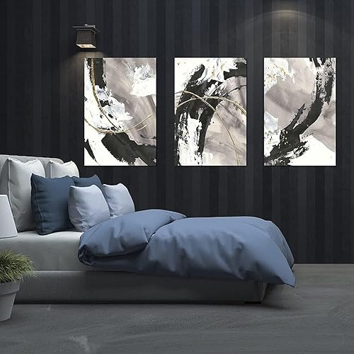 Miniatura 2 de Dimpoli Lienzo abstracto para pared, 30 x 40 pulgadas, 3 paneles de líneas blancas y negras, impresiones giclée, envueltas en galería, listas para