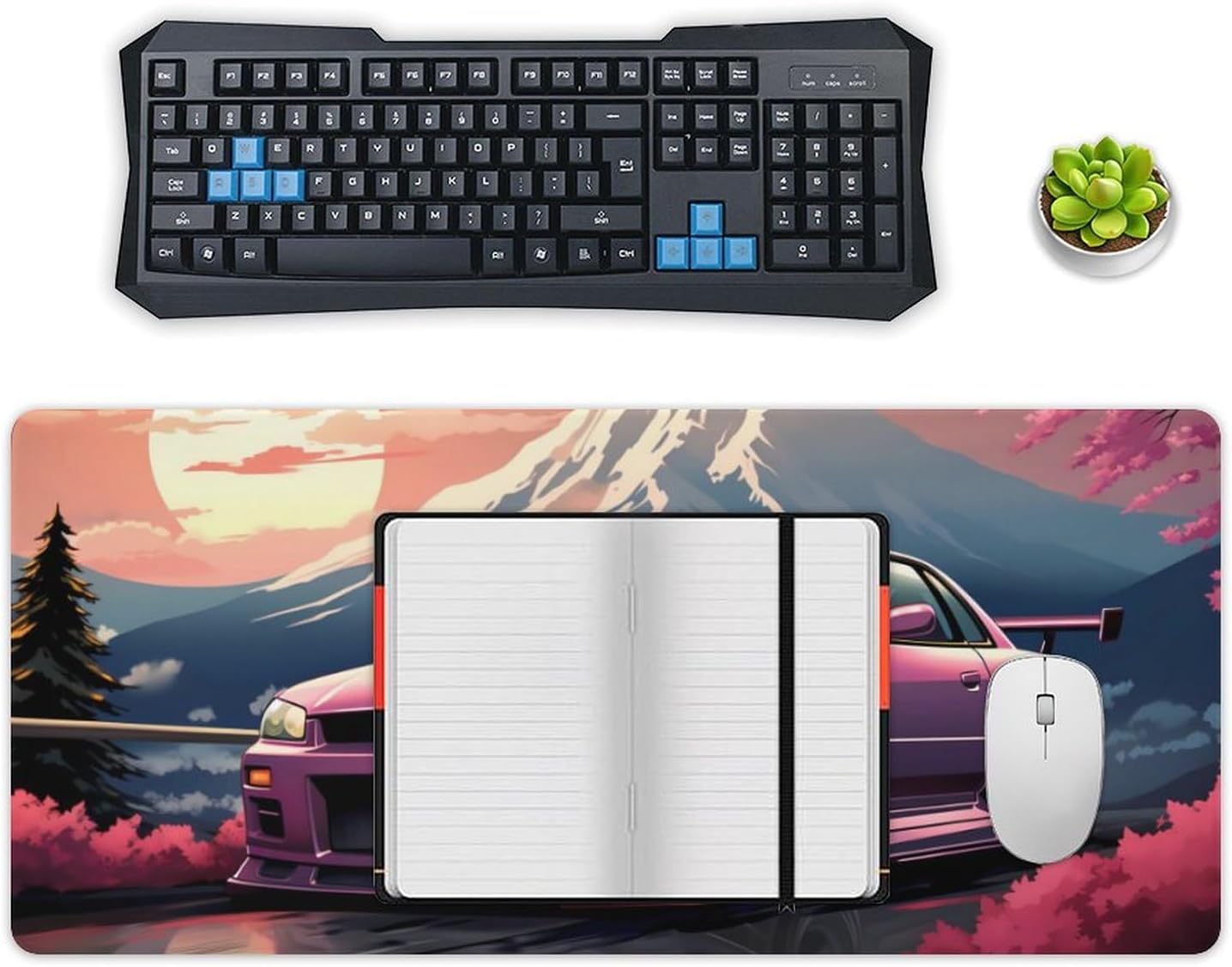 Pink JDM Car R35 Snow Mountain Sunset Cherry Blossoms Large Gaming Mouse Pad Non-Slip Rubber Base Desk Mat Computer Accessories for Office & Gaming Setups 40x90cm