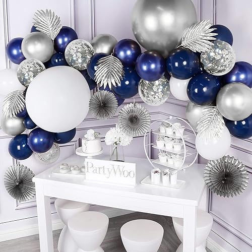 Miniatura 4 de CANREVEL Kit de guirnalda de globos azul marino y plateados, 127 piezas, globos de confeti blanco plateado para arco de globos, kit de arco de