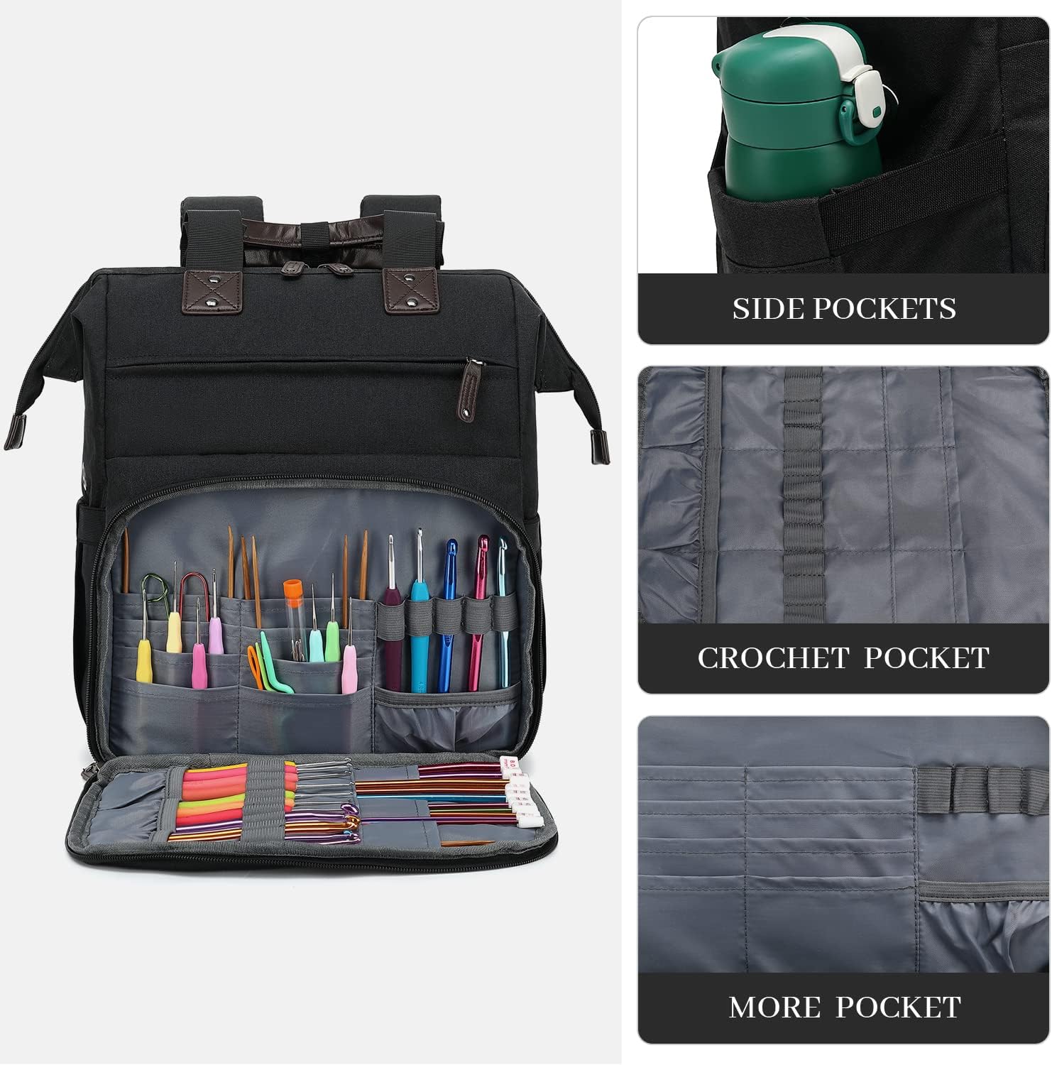 LTINVECK Crochet Backpack,Knitting Bag Backpack Yarn Storage Organizer Travel Crochet Bag,Yarn Tote Bag Yarn Holder Case for Knitting Needles, Crochet Hooks,Crochet Accessories,Black