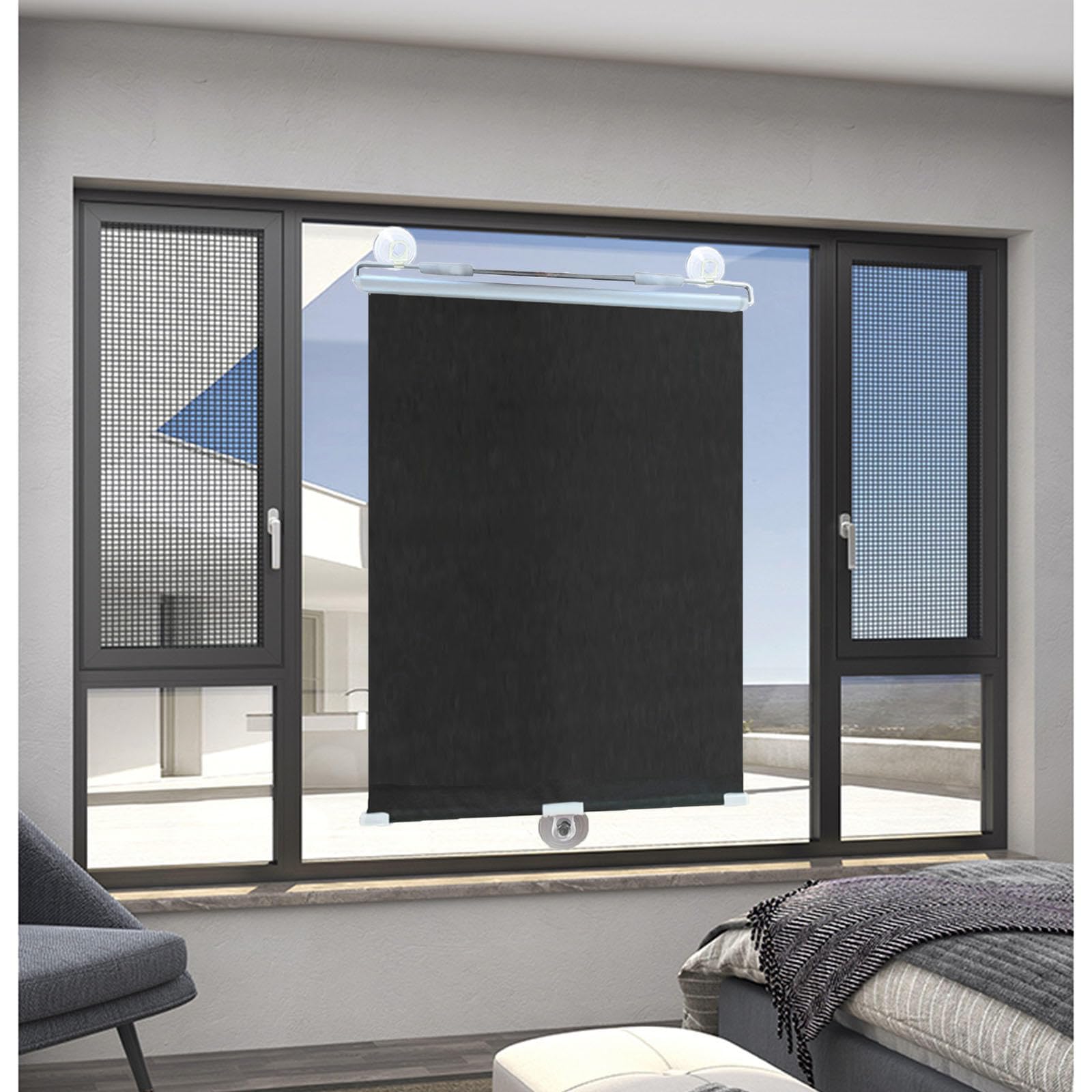 DECAKE Suction Cup Roller Blinds, Blackout Shades for Windows, Retractable Sunshade Roll Up 35x125/50x125/60x125cm Curtains, Temporary Privacy Blinds,Black-75x125cm(29.5 * 49.2in)
