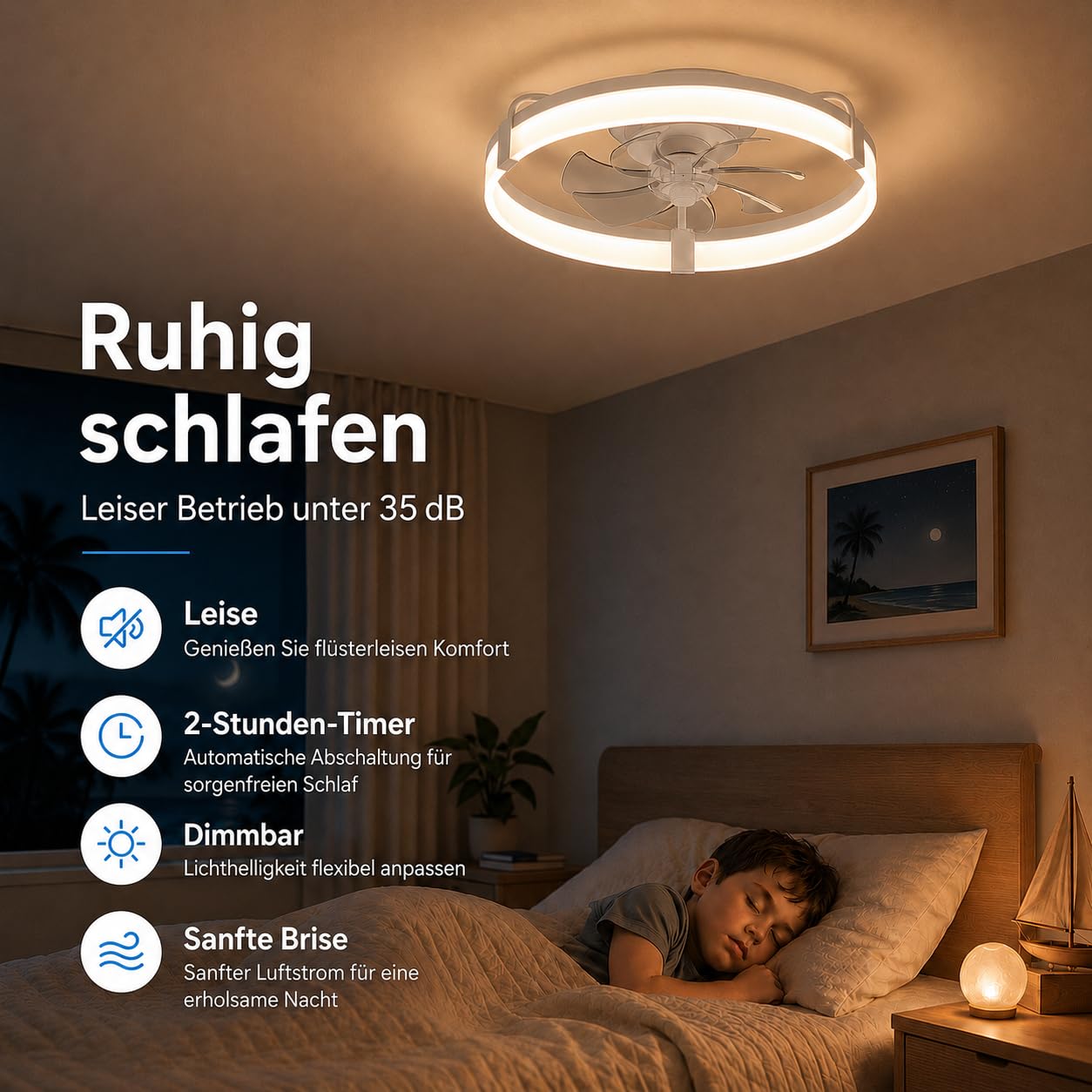 Deckenventilator mit Licht und Fernbedienung, 50 cm LED Deckenventilator, 6 Geschwindigkeiten, Timer, 3000K-6000K dimmbar, leiser Ventilator mit Lampe für Schlafzimmer, Wohnzimmer und Esszimmer, Weiß
