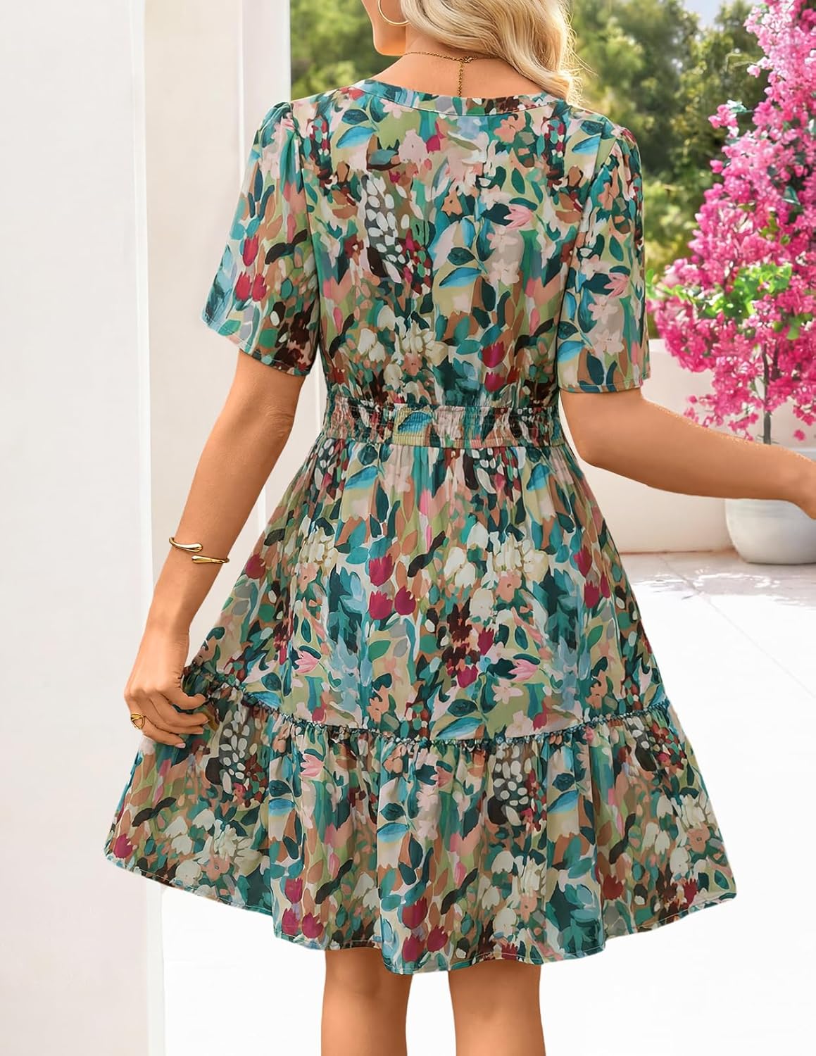 MEROKEETY Women's 2026 Spring Summer Floral Dress V Neck Short Sleeve Button A Line Boho Beach Flowy Vacation Dresses