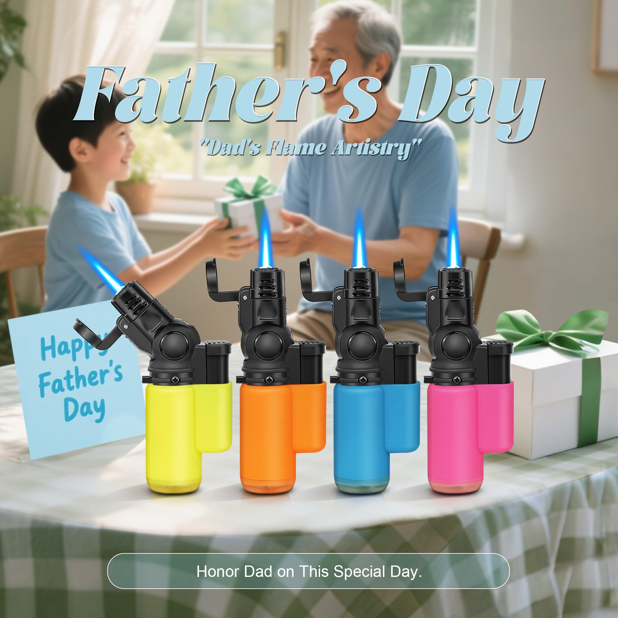 SAMNIU Pack of 4 Torch Lighter, Mini Jet Flame Butane Lighters, Multi-Purpose, 45° Rotatable for Campfires, Candle, Fireplaces, Christmas Party Favors (Gas not Included)