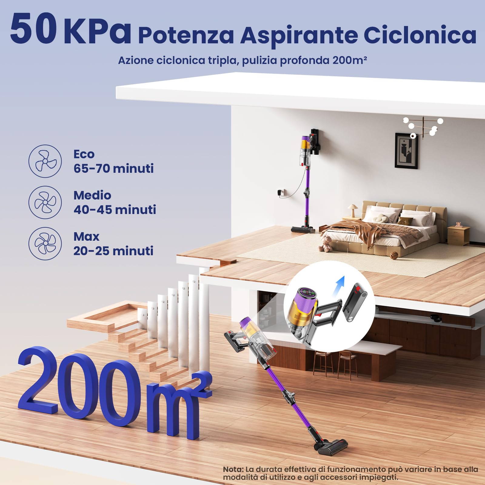 A12 Aspirapolvere Senza Fili 50KPa, 600W, 70Min, Aspirapolvere Scopa con Serbatoio Acqua Rimovibile, Display LED Touch, Spazzola Anti-Groviglio, Pieghevole, per Tappeti, Auto e Cappelli Animali