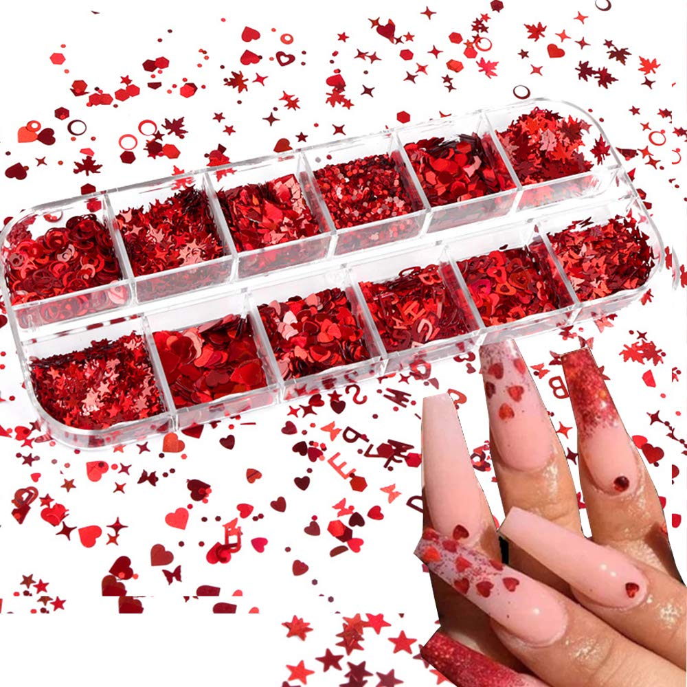 Amazon.com: Valentine's Day Red Heart Holographic Nail Glitter Sequin  Accessories 3D Nail Flakes Polish Acrylic Heart Love Letters Design for  Women Girls Manicure Tips False Nails Supplies Kit Decorations : Beauty &