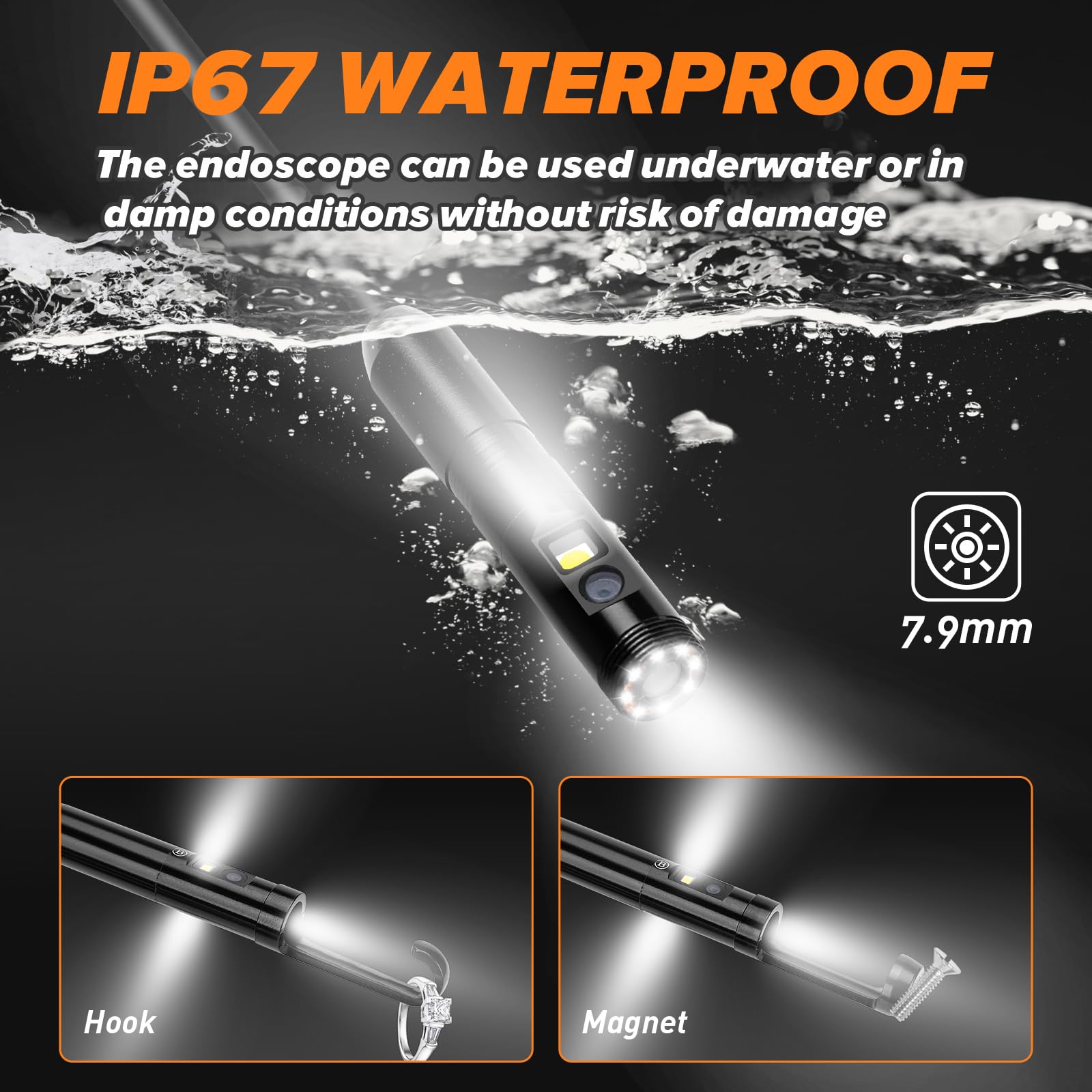WADEO endoscopio cámara con luz 10m, Pantalla IPS de 5 Pulgadas Tres Lentes endoscopio, IT67 Impermeable cámara de Tubo, 8mm Serpiente cámara, 1920P HD cámara de inspección, 32GB (Cable Desmontable)