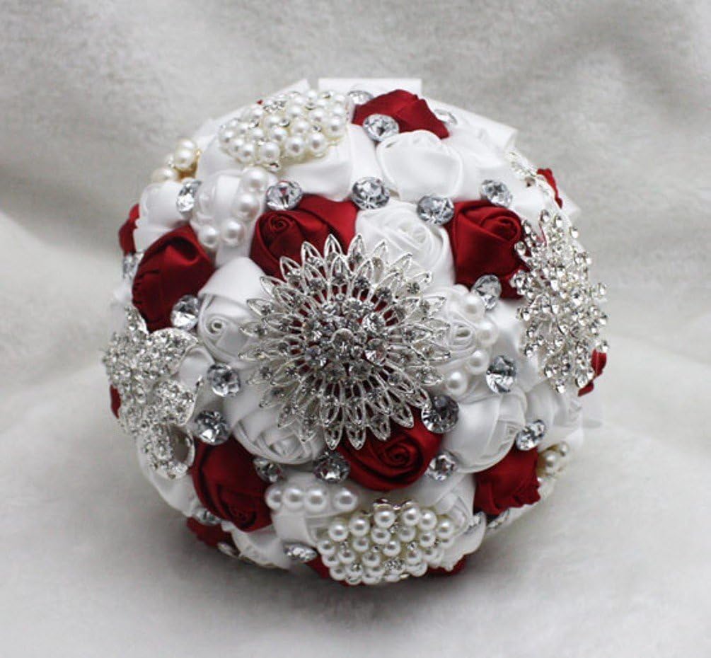Flyme Wedding Bouquets,Bridal Bride Holding Flowers,Water Drops (White + Burgundy)