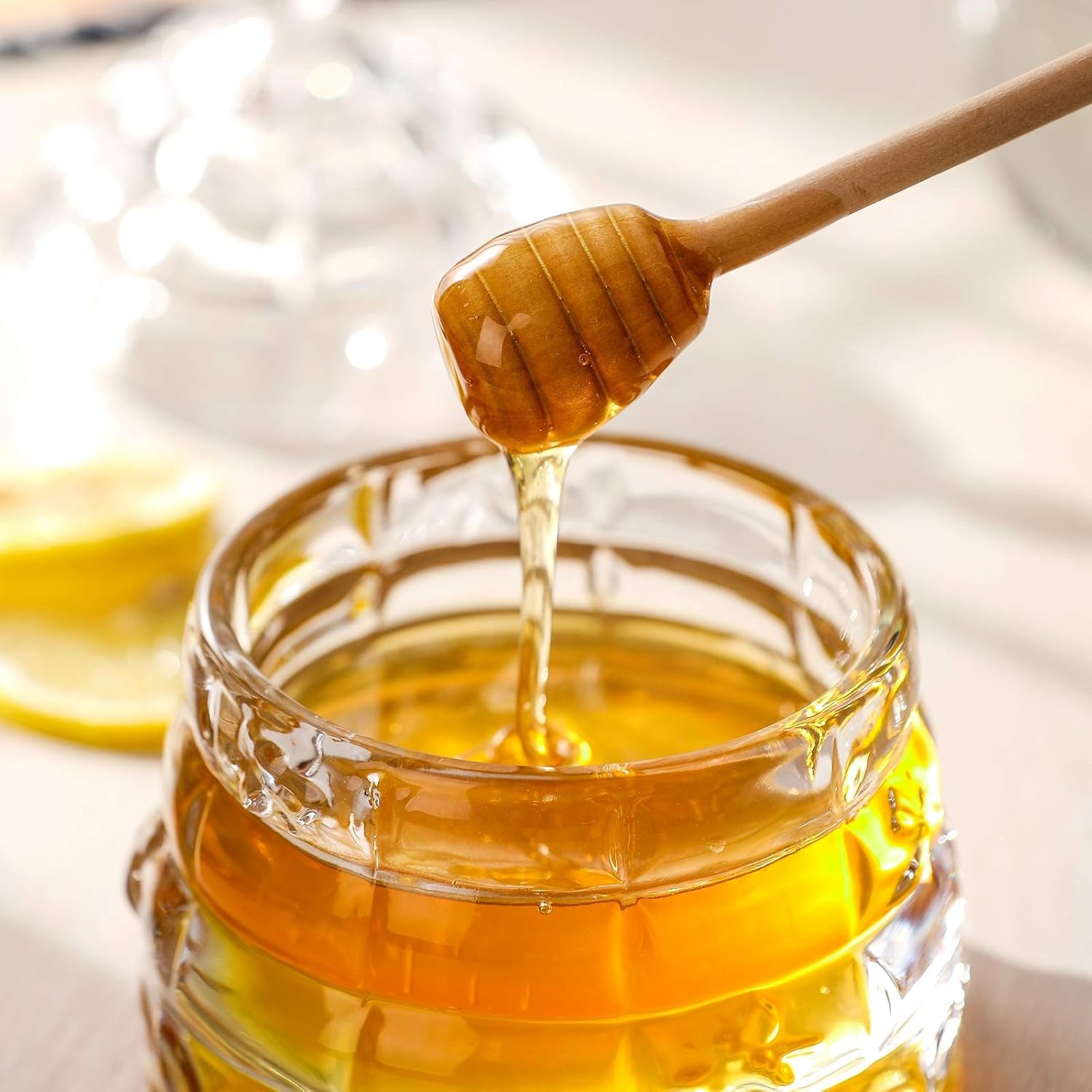 Honey Pot with Dipper and Lid 10 oz Crytal Clear Honeycomb Wooden Stick Holder Container Hand Blown Heavy Glass Large Beehive Jars for Pie Jam Jelly Home Kitchen Storage
