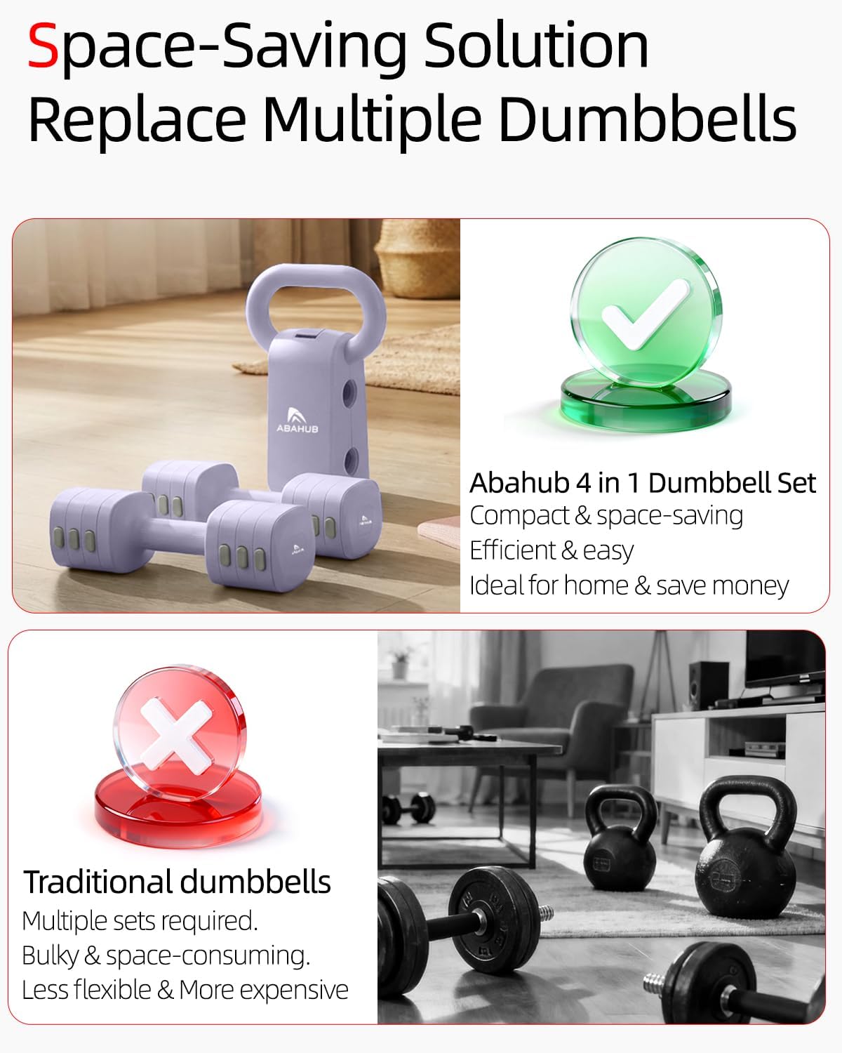 Abahub Dumbbell Set for Home Gym, 4 in 1 Adjustable Weights Dumbbells Set with Kettlebell Grip Converter for Women