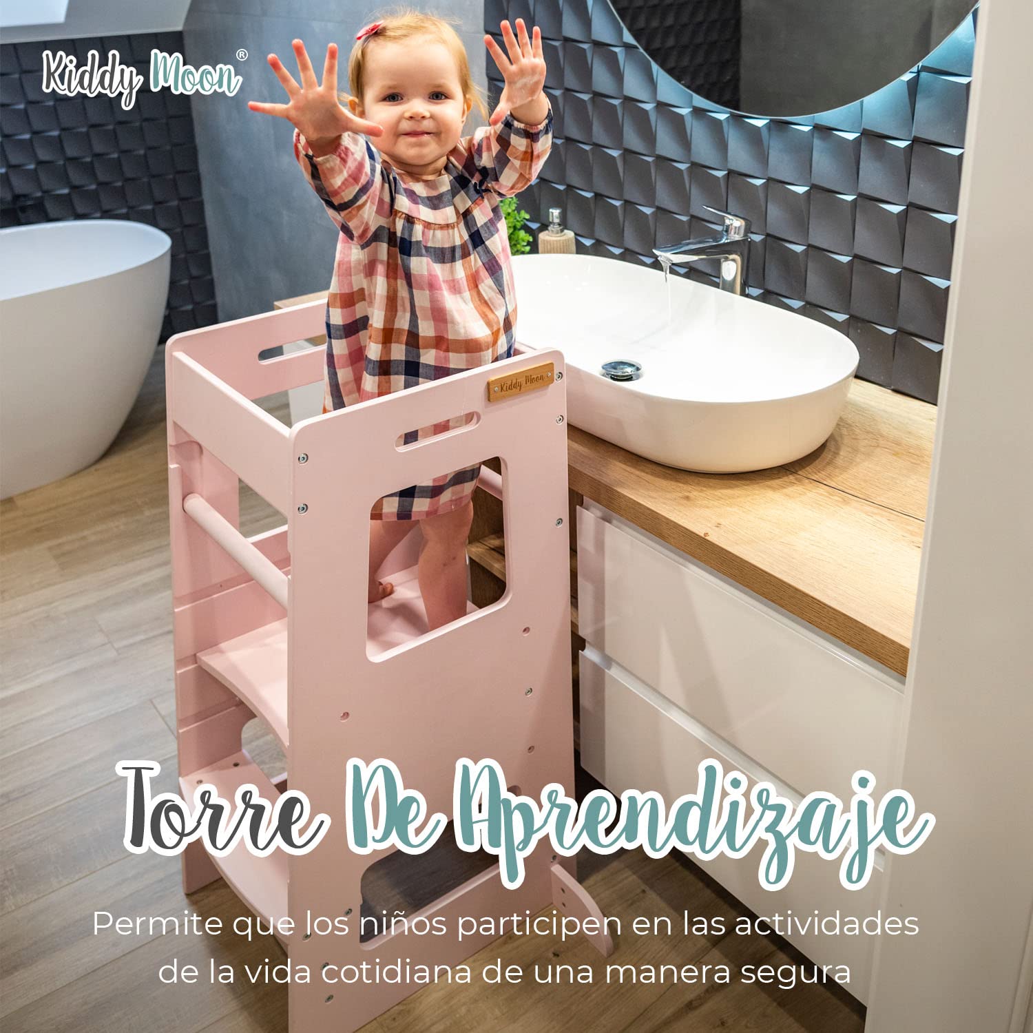 KiddyMoon Torre De Aprendizaje Montessori para Niños, Altura Ajustable (3 Niveles), Antivuelco, Barra De Seguridad, Natural