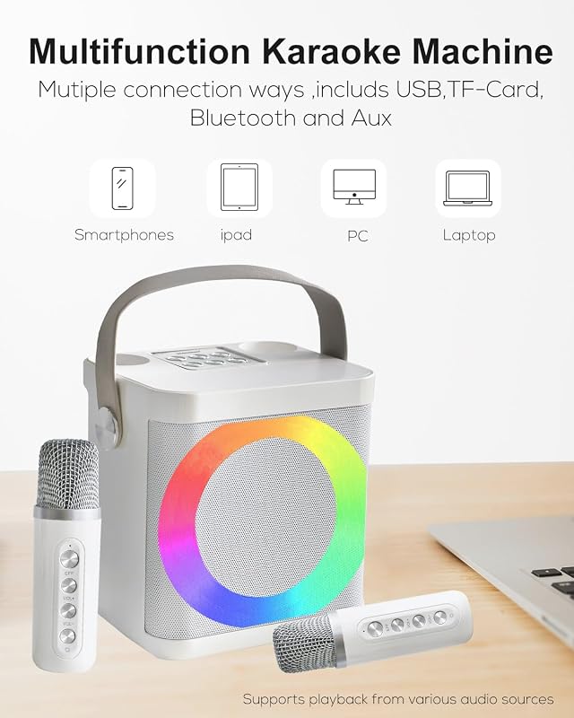 MUMUWIND Hordozható Karaoke Rendszer 2 Mikrofonnal, Bluetooth Karaoke Szett LED Fényekkel