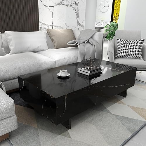Miniatura 3 de COSVALVE Mesas de Centro Rectangulares de Mármol para Sala de Estar, Mesa Auxiliar Moderna Negra, Mesa de Centro Contemporánea de Alto Brillo Negro