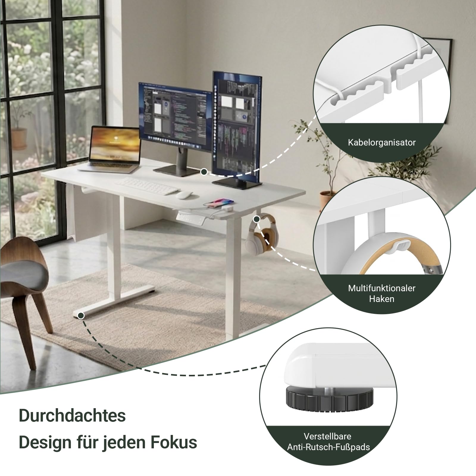 Bureau réglable en Hauteur avec Ports USB-A/C 120 x 60 cm, Bureau électrique réglable, Bureau Assis-Debout, Table Informatique réglable, Standing Desk (Blanc, 120x60)