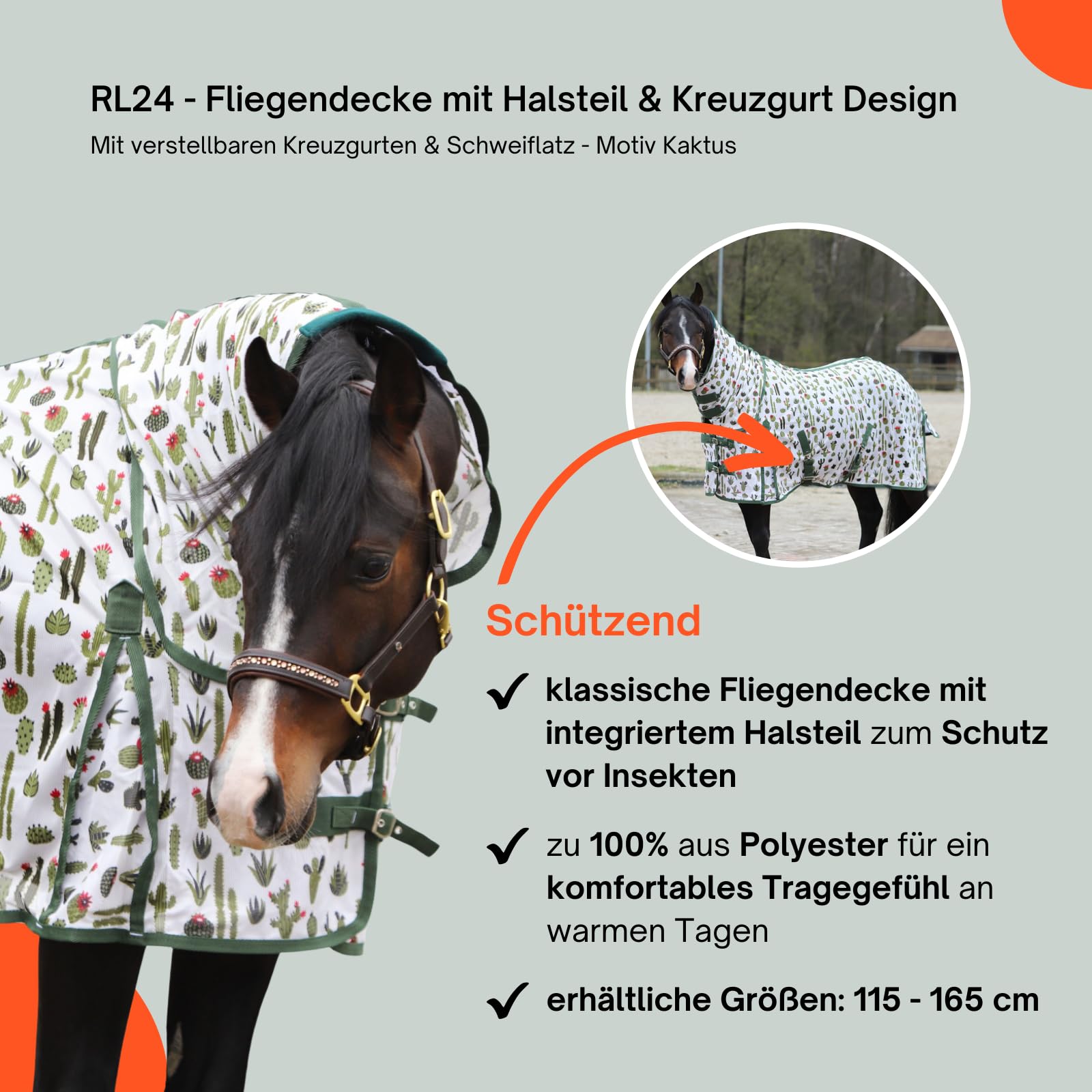 RL24 Fliegendecke mit Halsteil Kreuzgurt Design Kaktus Ekzemerdecke verstellbaren Kreuzgurten Schweiflatz Schutz vor Insekten Outdoor-Pferdedecke 125 cm