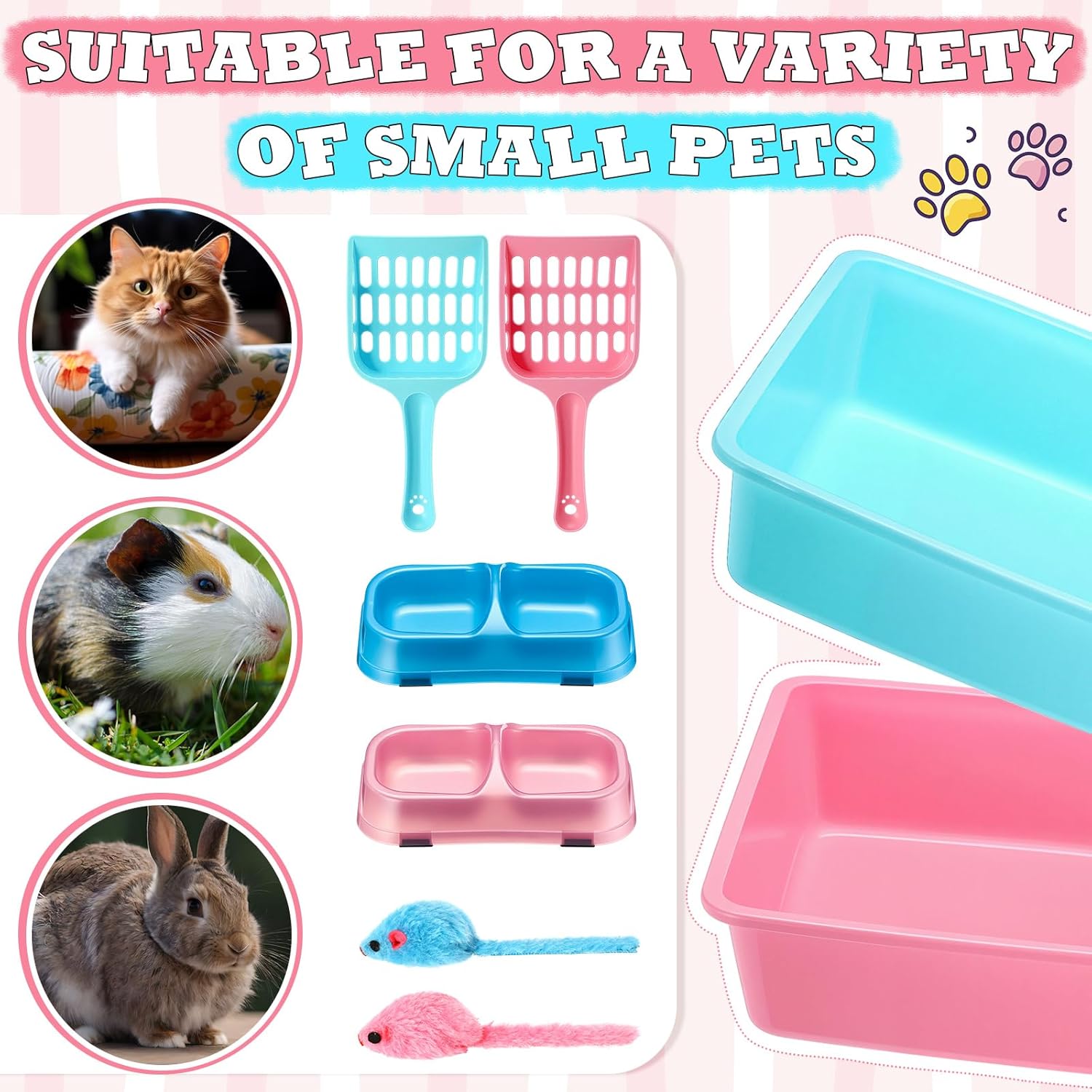Beeveer 2 Set Kitten Litter Box, 2 Pcs Plastic Small Cat Litter Box Training Low Entry with 2 Scooper, 2 Cat Bowls and 2 Mouse Toy for Small Kitty Starter Kit, 14.5 x 10.6 Inch, Blue and Pink